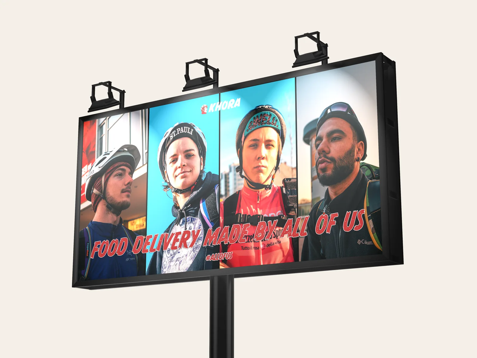 Night billboard mockup showing four Khora courier portraits and the campaign line Food delivery made by all of us.