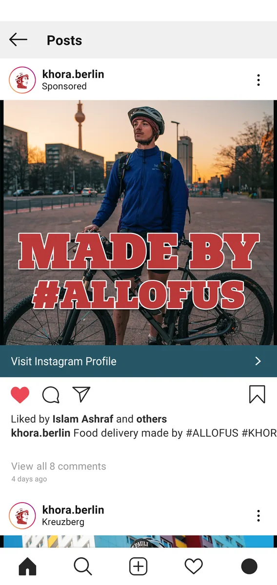 Instagram feed study alternating Khora courier portraits, campaign messages and food photography.
