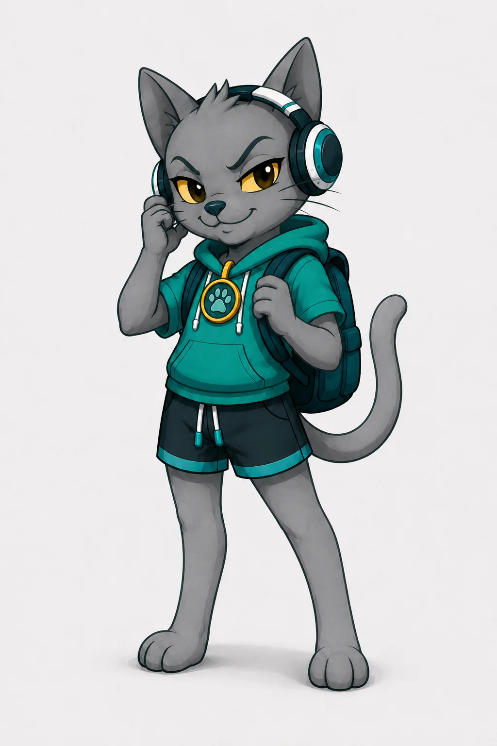 Futura, a young grey anthropomorphic cat wearing headphones and a teal hoodie.
