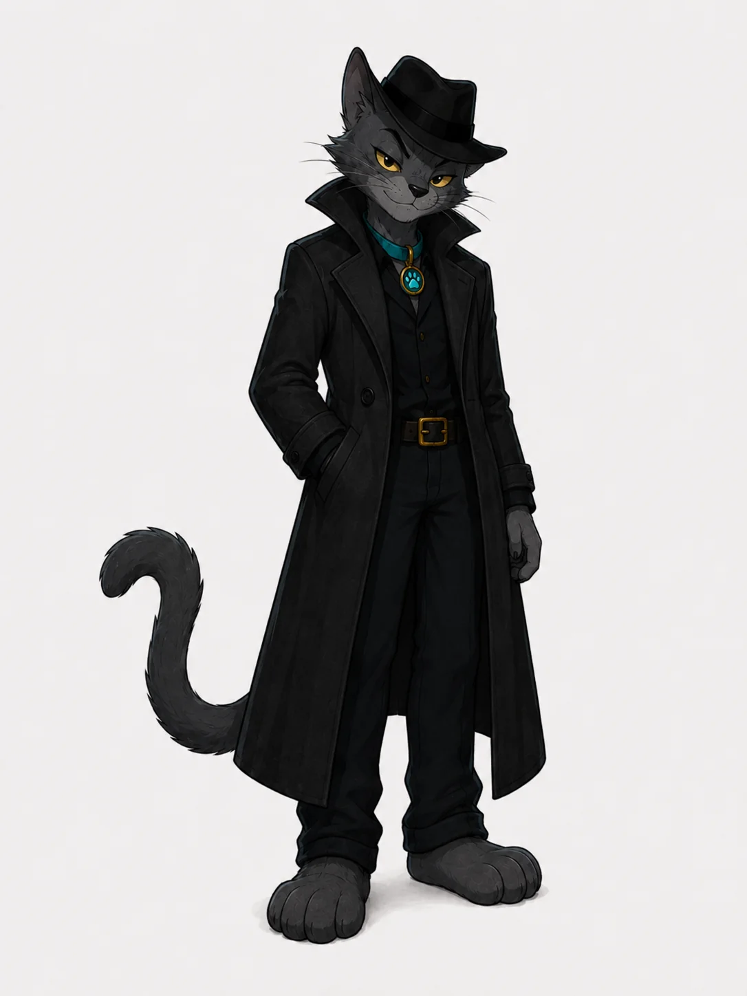 Glitch, a dark anthropomorphic cat in a noir hat and long black coat.