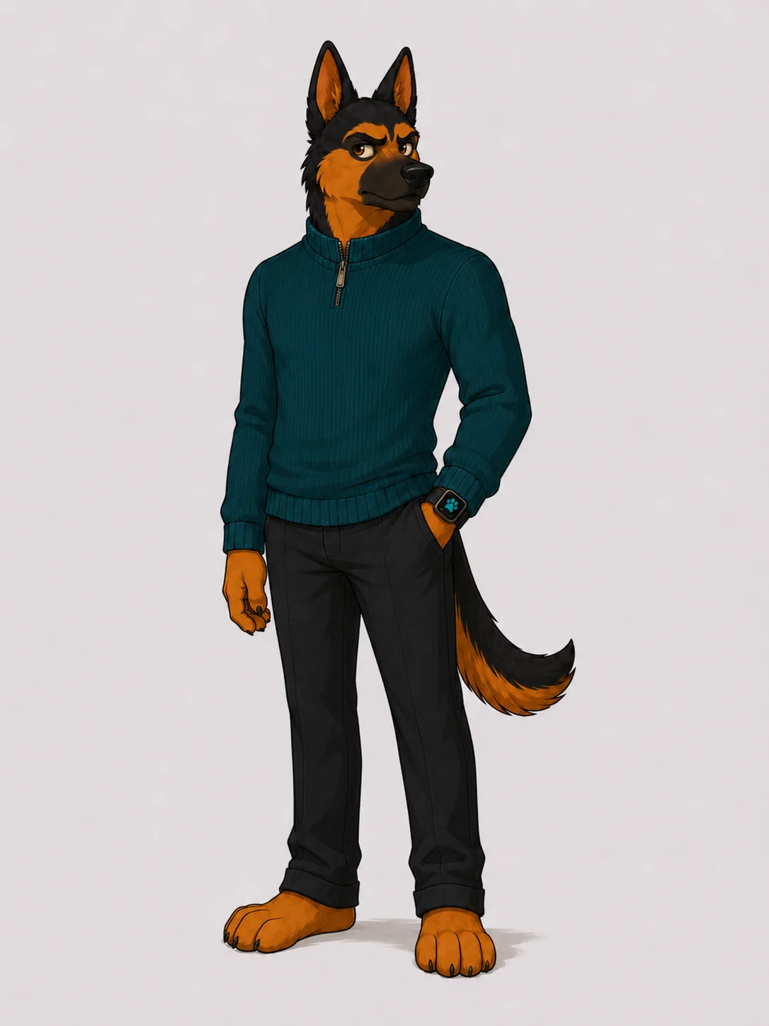 Matrix, an anthropomorphic German Shepherd in a deep teal quarter-zip with a smartwatch.