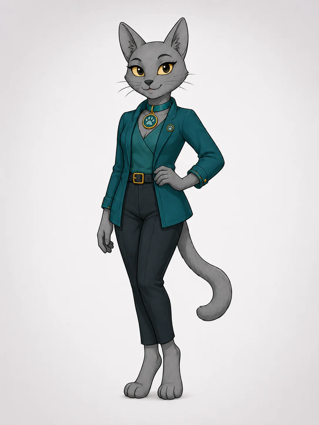 Nova, an elegant grey anthropomorphic cat in a composed teal outfit.