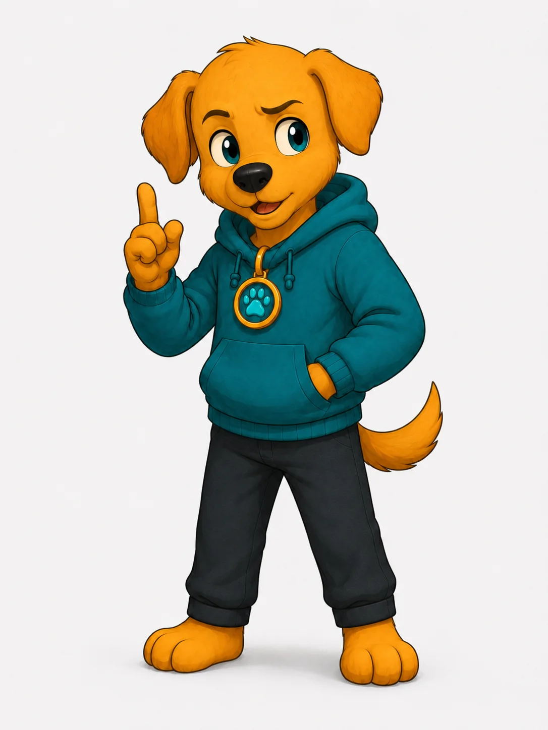 Zuku, a young golden anthropomorphic dog wearing a teal hoodie.