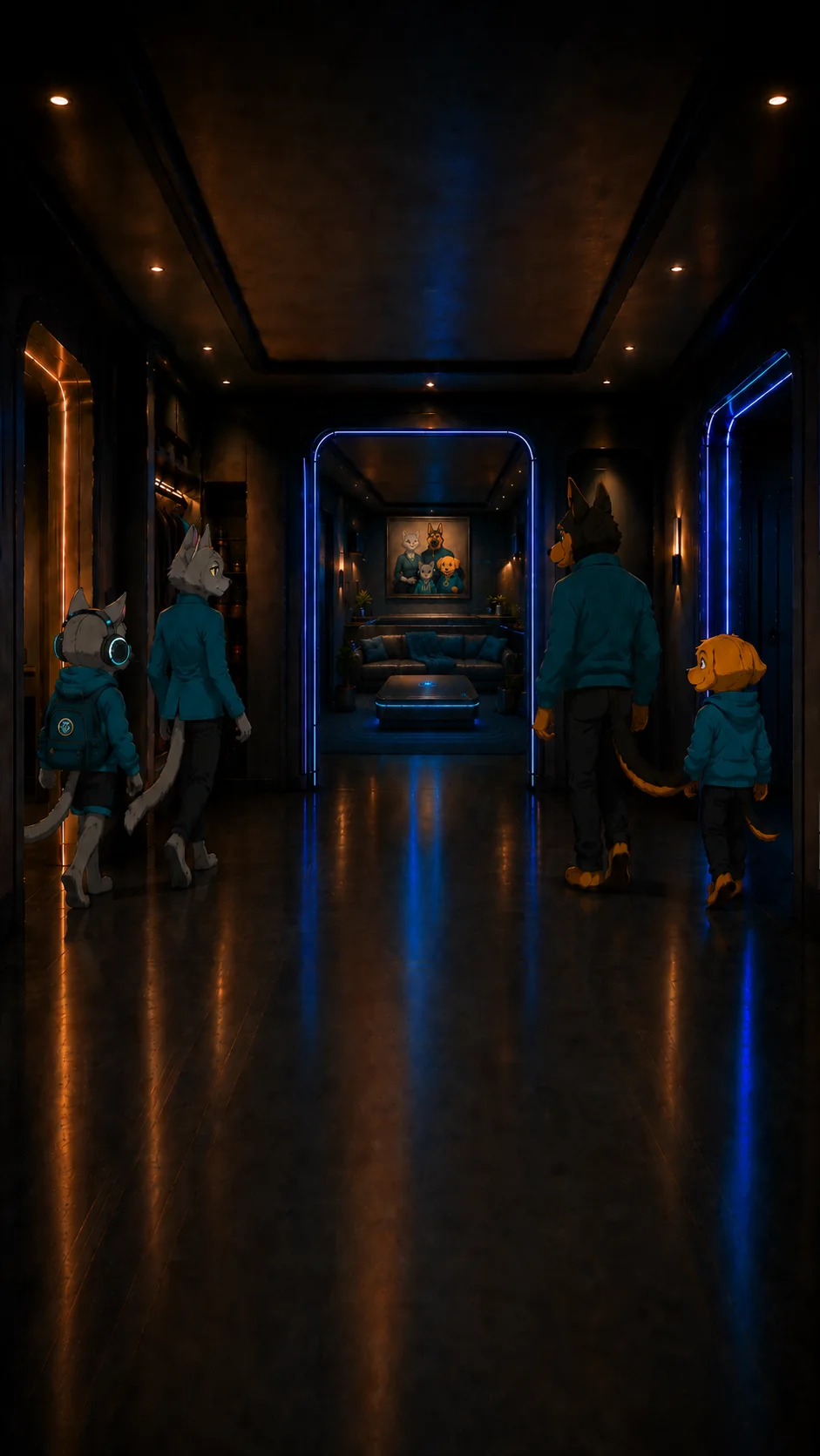The SmartPaw family converges in the middle corridor after noticing the house signals.