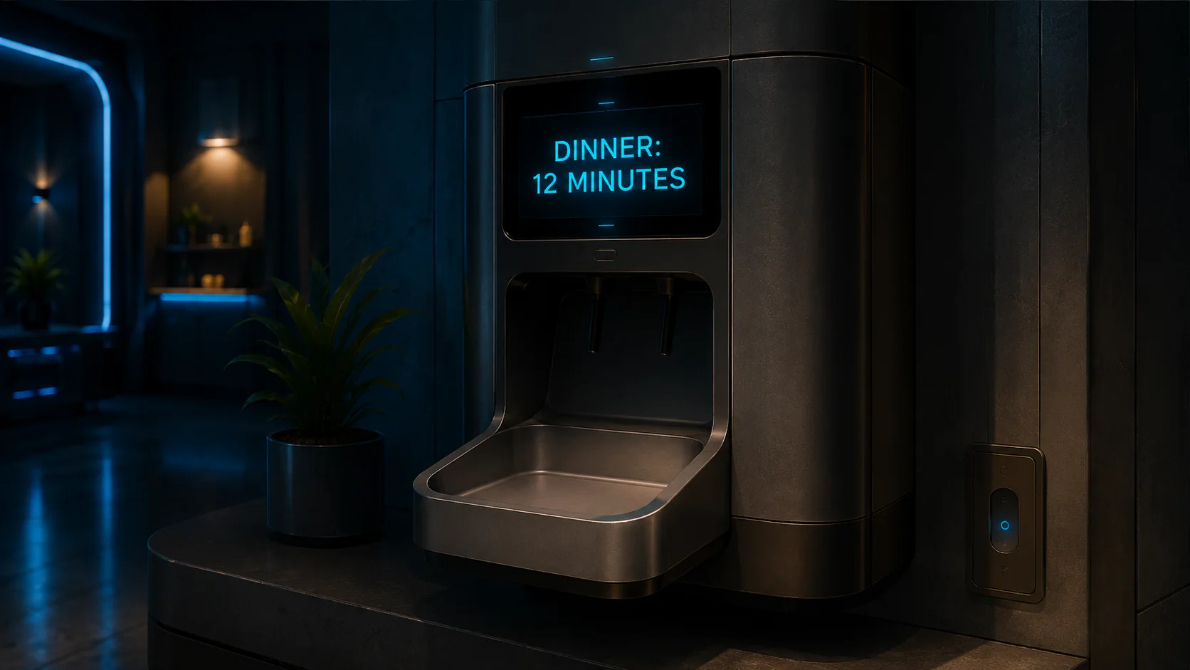 A smart feeder display reading Dinner: 12 Minutes in the dark living room.
