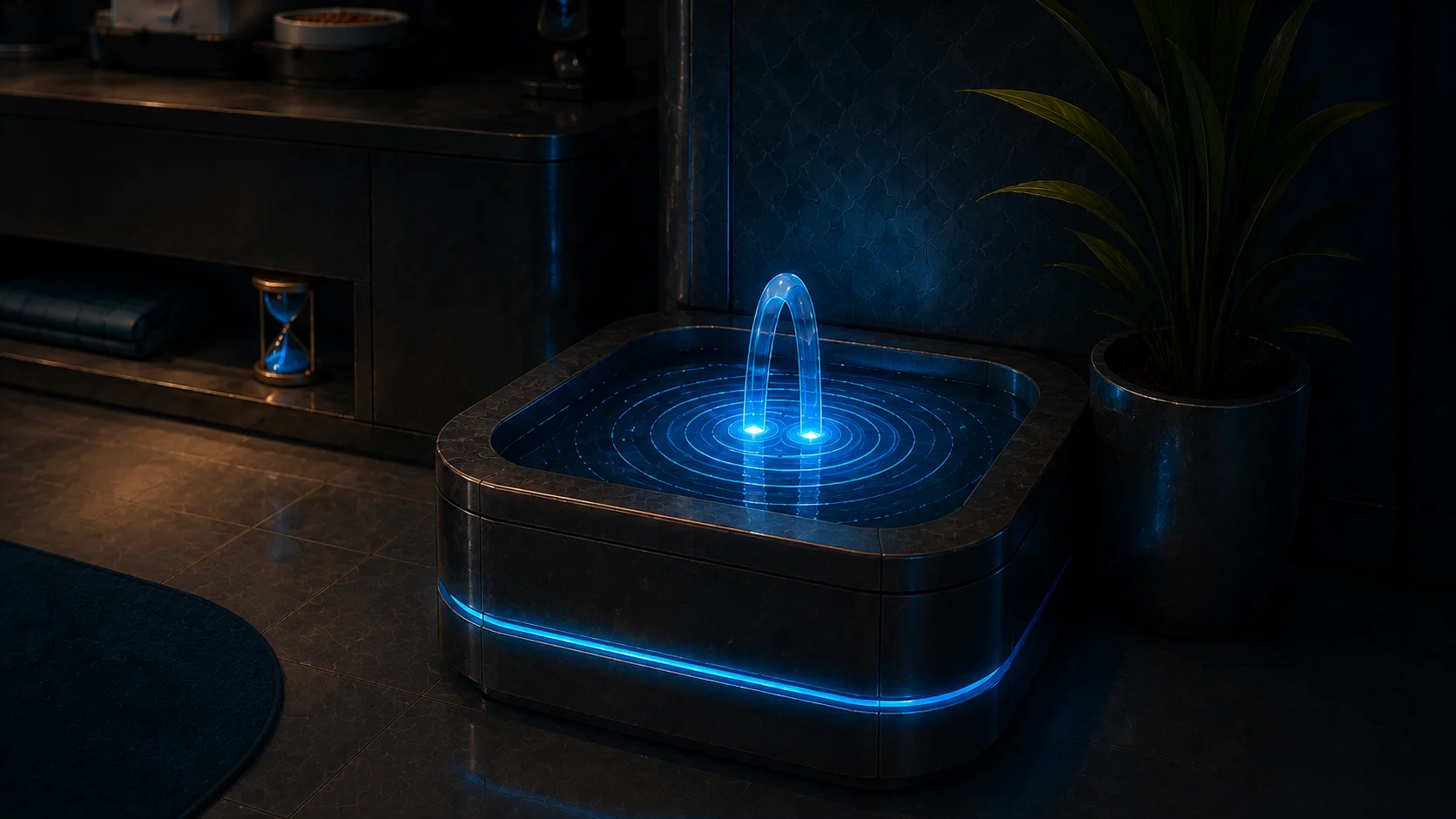 Zuku notices a change in the smart fountain's water rhythm.
