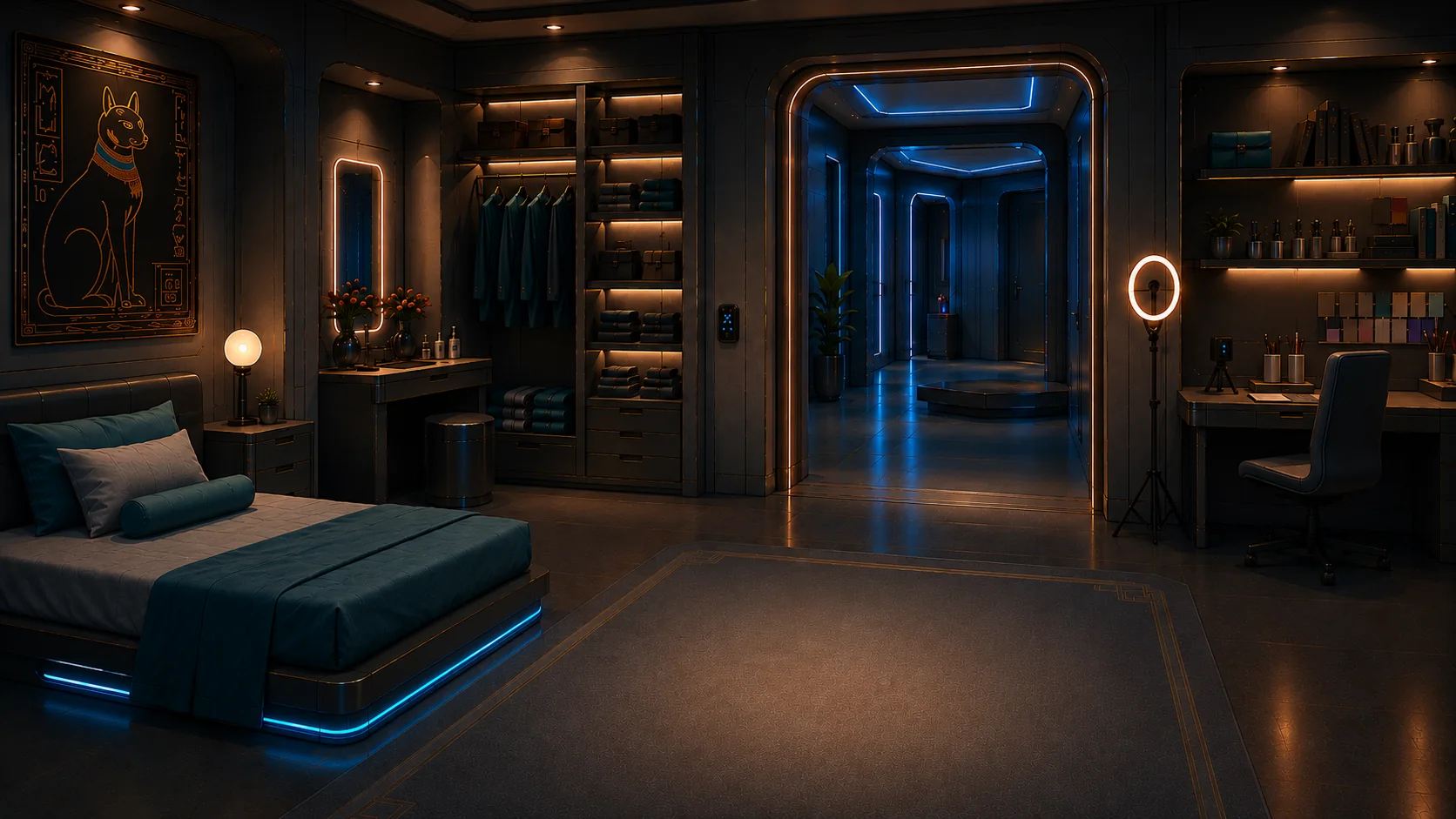 A premium dark teal cat room with warm practical lighting and a corridor exit.