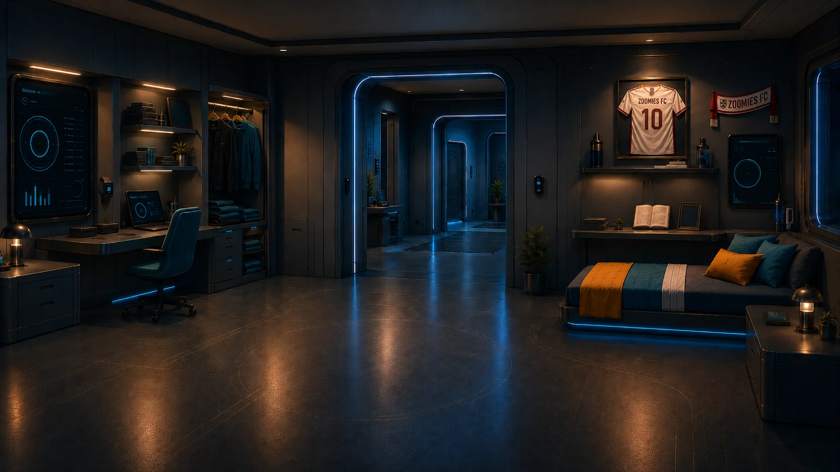 A cinematic dog room built around routine displays, seating and a corridor connection.