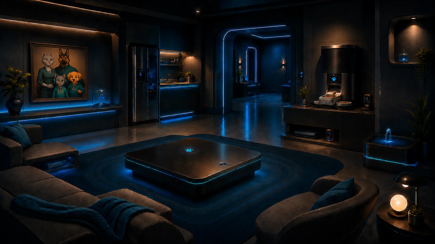 A cinematic dark teal living room with a smart table, feeder, fountain and corridor threshold.