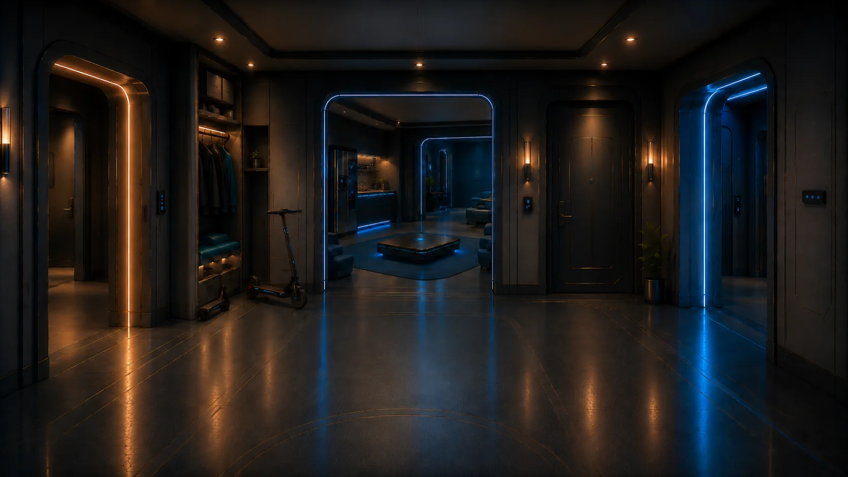 A dark central corridor linking the SmartPaw Family rooms with restrained blue and amber light.